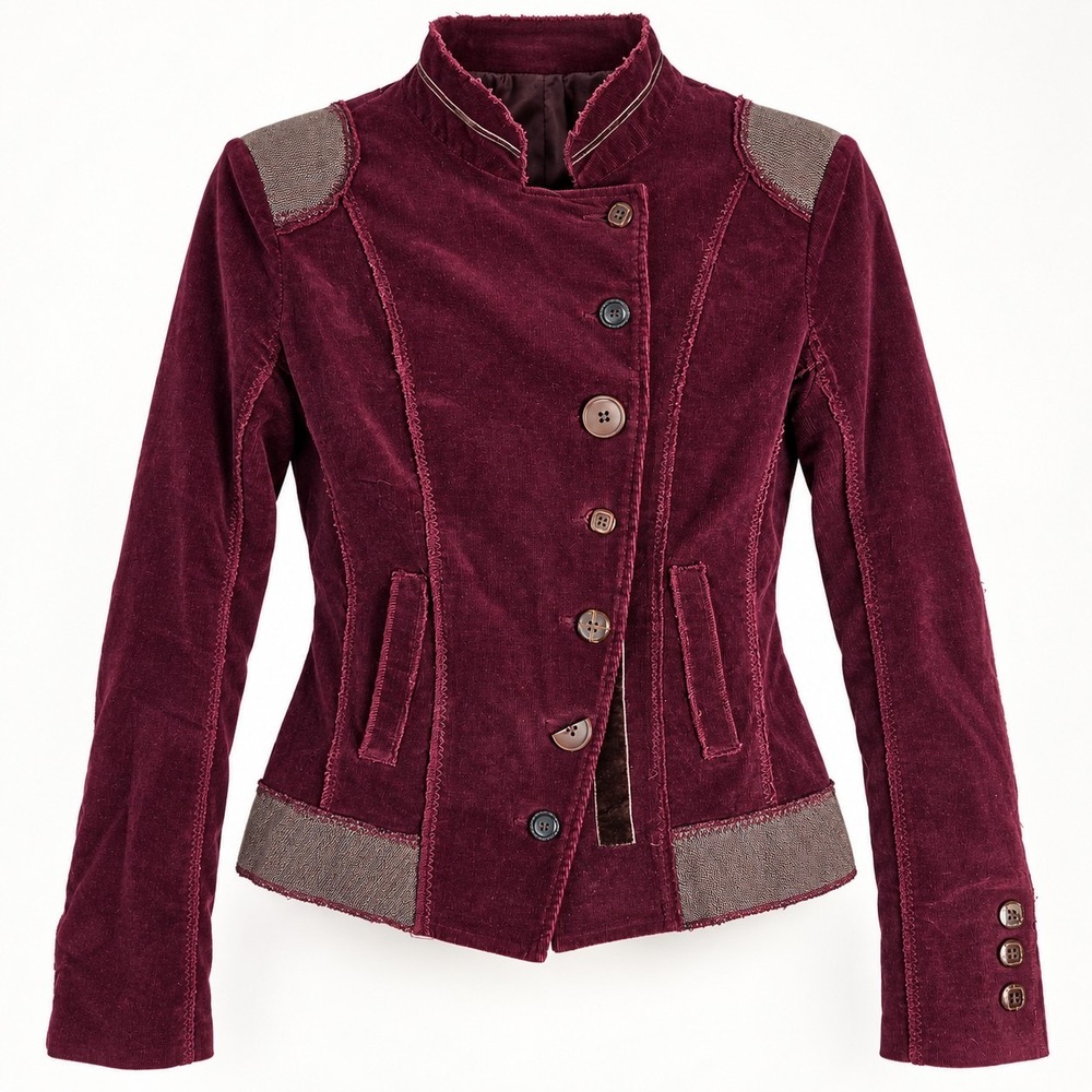 Nick & Mo Corduroy Jacket Womens S Burgundy Boho Y2K Military Tweed Blazer